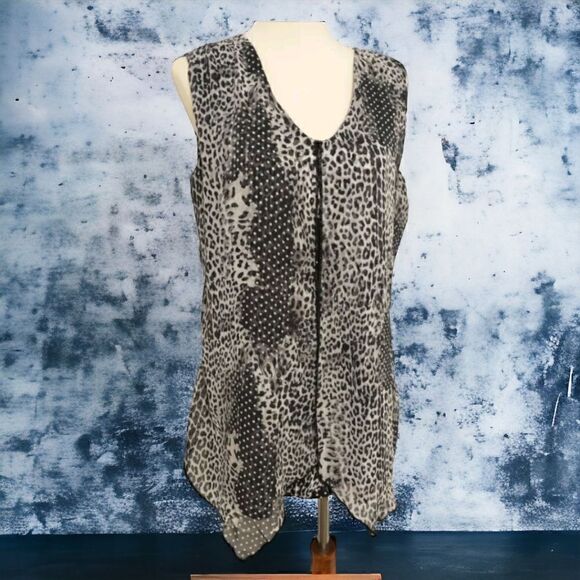 Adele May Top Large Blouse Sleeveless Animal Print Flowy Sheer Mixed Media Tunic - Picture 15 of 16
